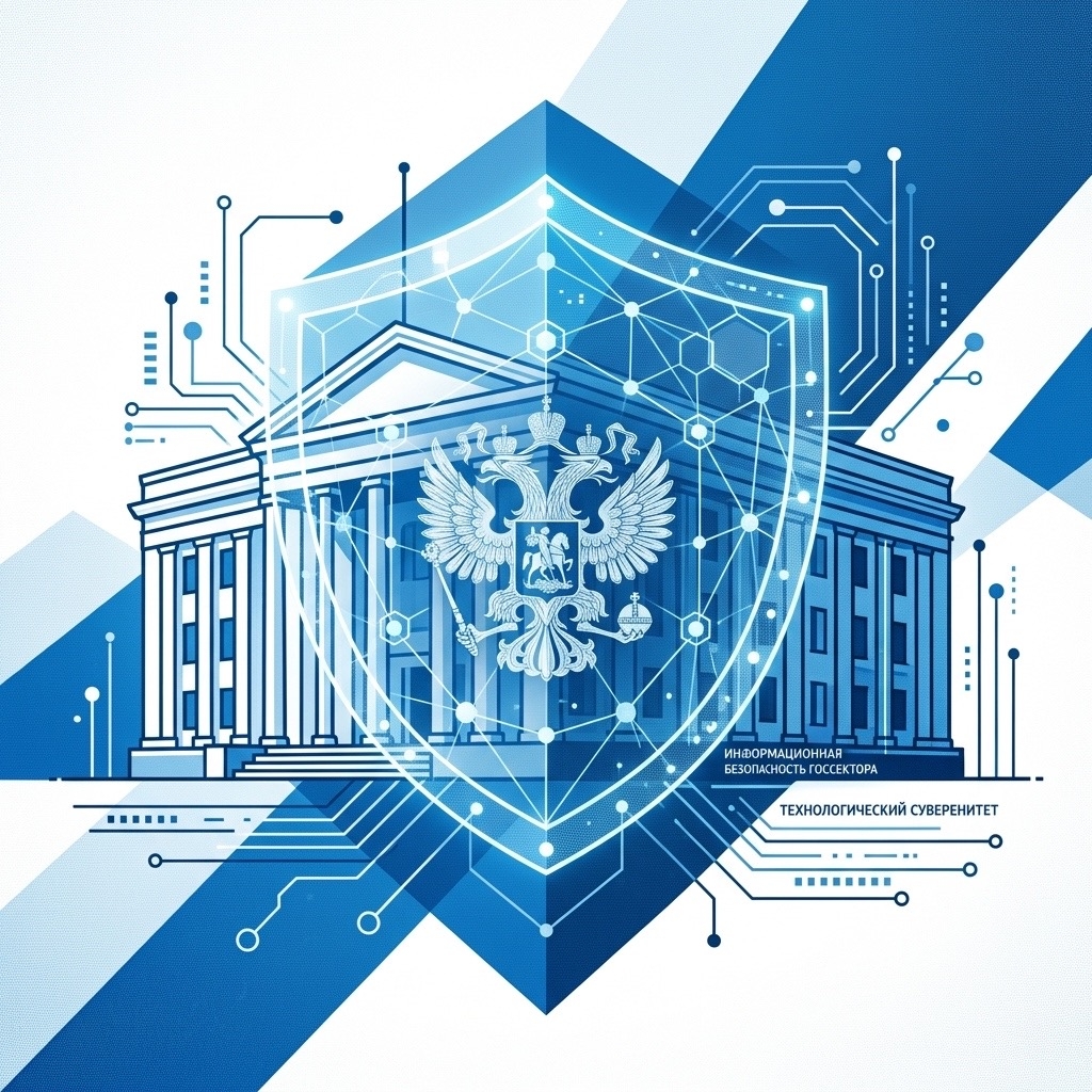 modern russian government building with digital security overlay, glowing blue shield hologram, high-tech aesthetic, professional photography